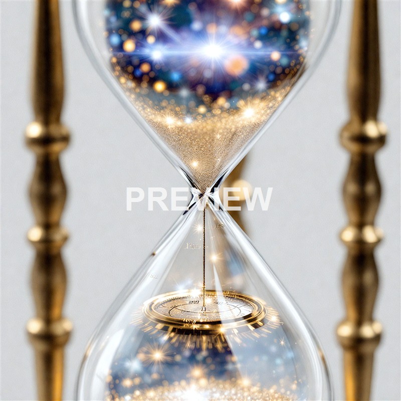 A close-up of an ornate hourglass with golden sand and sparkling galaxy-like patterns inside the upper chamber, reflecting light through its glass surface.